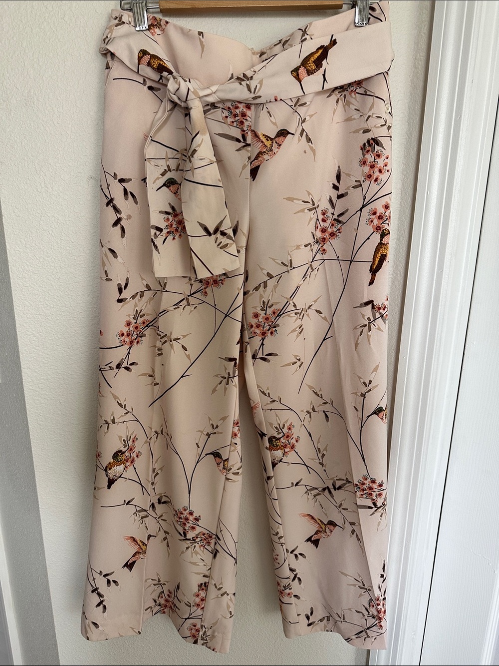 High-Rise Wide-Leg Floral Print Pants with Tie Waist - Blush
